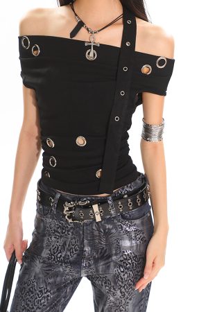 High-End Cool Spicy One-Shoulder Off-Shoulder Black Hollow Out Asymmetrical Top T-Shirt for Hot Girls - 90s Y2K Style