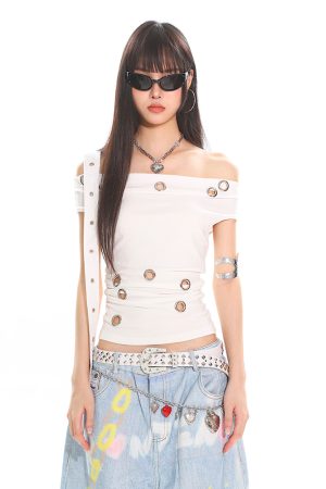 High-End Cool Spicy One-Shoulder Off-Shoulder Black Hollow Out Asymmetrical Top T-Shirt for Hot Girls - 90s Y2K Style
