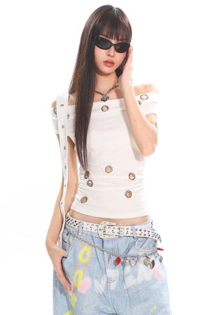 High-End Cool Spicy One-Shoulder Off-Shoulder Black Hollow Out Asymmetrical Top T-Shirt for Hot Girls - 90s Y2K Style