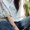 High-End Embroidered Floral Letter Short Sleeve T-Shirt for Women - Summer American Style Heavyweight Raglan Top