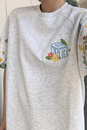 High-End Embroidered Floral Letter Short Sleeve T-Shirt for Women - Summer American Style Heavyweight Raglan Top