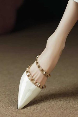 High-End Fashion Genuine Leather Studded Open-Toe Slippers for Women - Soft Mid-Heel, Italian Style, Trendy Footwear