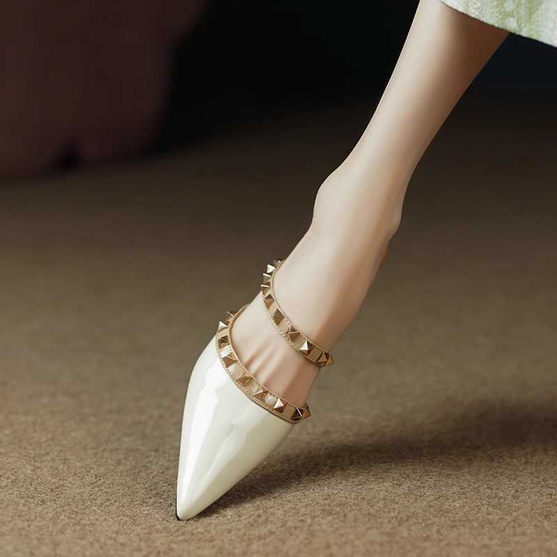 High-End Fashion Genuine Leather Studded Open-Toe Slippers for Women - Soft Mid-Heel, Italian Style, Trendy Footwear High-End Fashion Genuine Leather Studded Open-Toe Slippers for Women - Soft Mid-Heel, Italian Style, Trendy Footwear