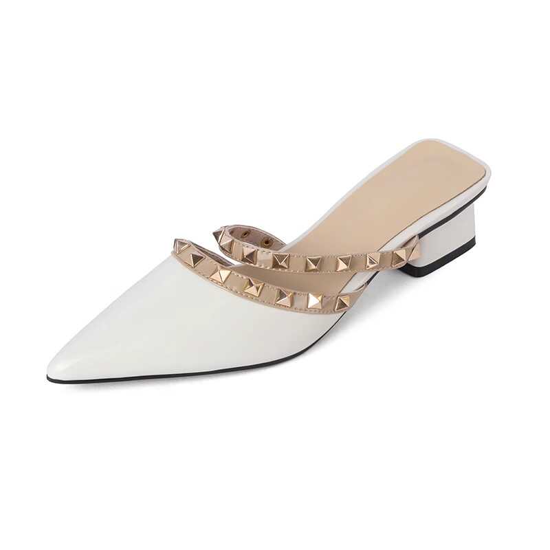 High-End Fashion Genuine Leather Studded Open-Toe Slippers for Women - Soft Mid-Heel, Italian Style, Trendy Footwear High-End Fashion Genuine Leather Studded Open-Toe Slippers for Women - Soft Mid-Heel, Italian Style, Trendy Footwear