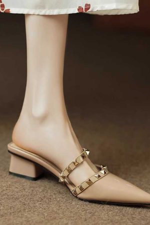 High-End Fashion Genuine Leather Studded Open-Toe Slippers for Women - Soft Mid-Heel, Italian Style, Trendy Footwear