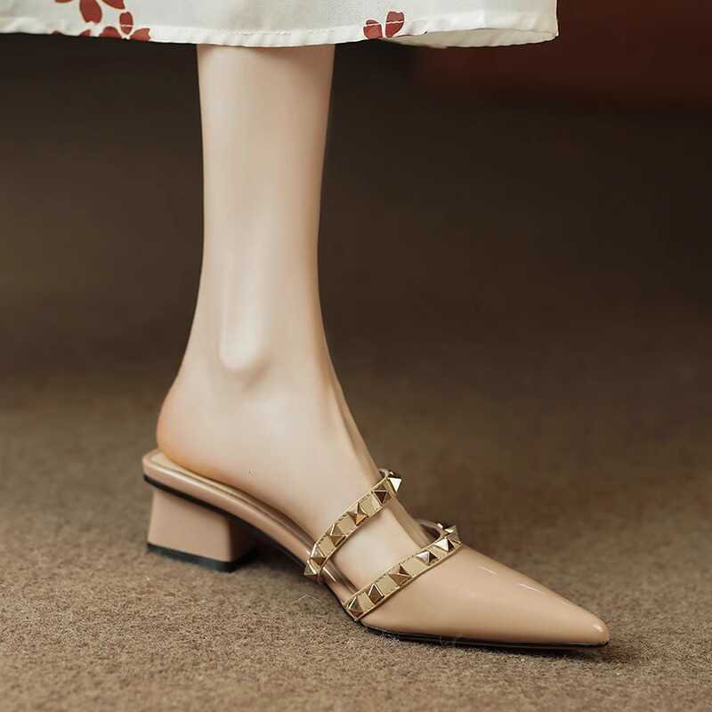 High-End Fashion Genuine Leather Studded Open-Toe Slippers for Women - Soft Mid-Heel, Italian Style, Trendy Footwear High-End Fashion Genuine Leather Studded Open-Toe Slippers for Women - Soft Mid-Heel, Italian Style, Trendy Footwear