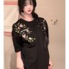 High-End Floral Embroidery Short Sleeve T-Shirt for Women - Chinese Style Black Top, Summer 90s Couple Outfit