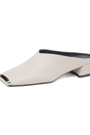 High-End Genuine Leather Open-Toe Half Slippers - Chunky Heels Outdoor Mule Shoes for Effortless Italian Style