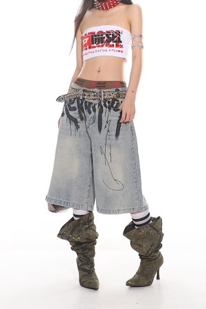 High-End Graffiti Letter Denim Loose Wide-Leg Shorts for Women - Summer 2025 Korean Niche Style