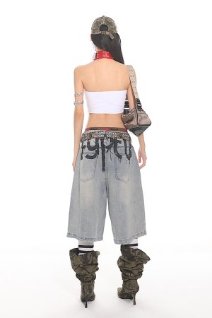 High-End Graffiti Letter Denim Loose Wide-Leg Shorts for Women - Summer 2025 Korean Niche Style