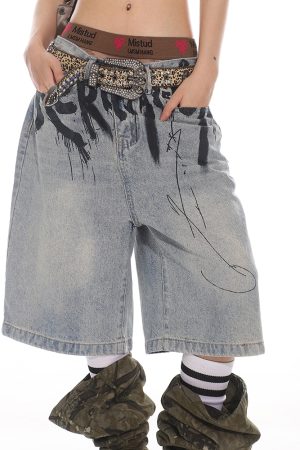 High-End Graffiti Letter Denim Loose Wide-Leg Shorts for Women - Summer 2025 Korean Niche Style