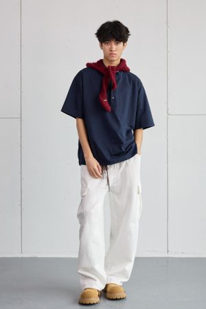 High-End Heavyweight Oversized Henley Collar Short Sleeve T-Shirt for Men - Loose Fit Round Neck Tee - Y2K Summer Style