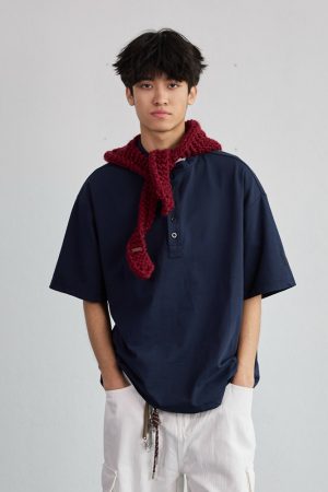 High-End Heavyweight Oversized Henley Collar Short Sleeve T-Shirt for Men - Loose Fit Round Neck Tee - Y2K Summer Style