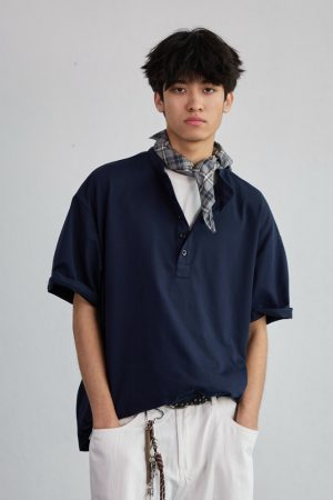 High-End Heavyweight Oversized Henley Collar Short Sleeve T-Shirt for Men - Loose Fit Round Neck Tee - Y2K Summer Style