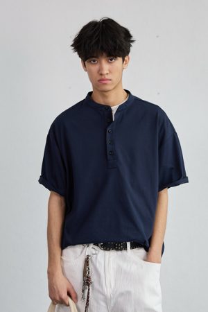 High-End Heavyweight Oversized Henley Collar Short Sleeve T-Shirt for Men - Loose Fit Round Neck Tee - Y2K Summer Style