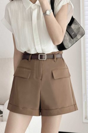 High-End Khaki Shorts with Belt, A-Line Wide-Leg Pants, Casual Loose Fit Shorts with Pockets - Versatile Everyday Style