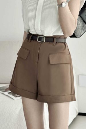 High-End Khaki Shorts with Belt, A-Line Wide-Leg Pants, Casual Loose Fit Shorts with Pockets - Versatile Everyday Style