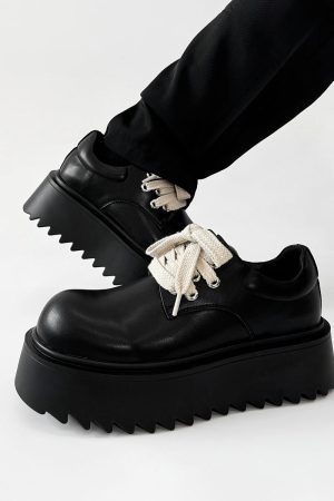 High-End Korean Style Thick-Soled Platform Derby Shoes for Men - Versatile Black Chunky Sneakers, British Trendy Design
