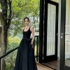 High-End Light Fabric Black Long Vest Dress with Slim Waist - Summer Floor-Length Skirt Fashion
