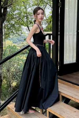High-End Light Fabric Black Long Vest Dress with Slim Waist - Summer Floor-Length Skirt Fashion