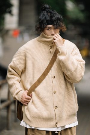 High-End Retro Button Cardigan Sweater for Men and Women, Japanese-Style High-Neck Knitwear, Warm Couple Fashion