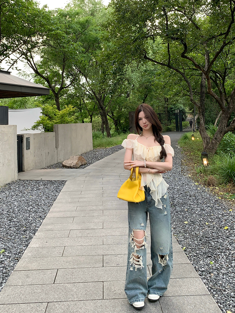 High-End Ripped Denim Pants for Women - Summer Loose Vintage Wide-Leg Straight Jeans, Y2K Style, Casual Fashion High-End Ripped Denim Pants for Women - Summer Loose Vintage Wide-Leg Straight Jeans, Y2K Style, Casual Fashion