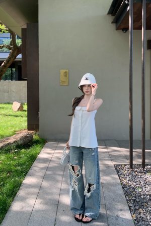 High-End Ripped Denim Pants for Women - Summer Loose Vintage Wide-Leg Straight Jeans, Y2K Style, Casual Fashion