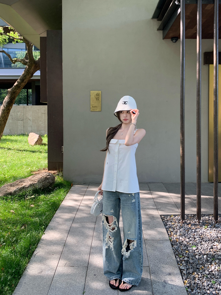 High-End Ripped Denim Pants for Women - Summer Loose Vintage Wide-Leg Straight Jeans, Y2K Style, Casual Fashion High-End Ripped Denim Pants for Women - Summer Loose Vintage Wide-Leg Straight Jeans, Y2K Style, Casual Fashion