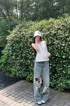 High-End Ripped Denim Pants for Women - Summer Loose Vintage Wide-Leg Straight Jeans, Y2K Style, Casual Fashion