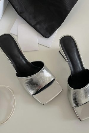 High-End Sheepskin Square-Toe Irregular Heeled Open-Toe Mule Sandals for Women - Stylish Cool Slippers