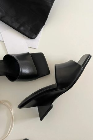 High-End Sheepskin Square-Toe Irregular Heeled Open-Toe Mule Sandals for Women - Stylish Cool Slippers