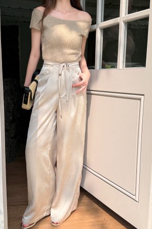 High-End Textured Satin Wide-Leg Pants for Tall Individuals - Lightweight Spring/Summer Imitation Acetate Trousers