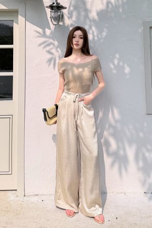 High-End Textured Satin Wide-Leg Pants for Tall Individuals - Lightweight Spring/Summer Imitation Acetate Trousers