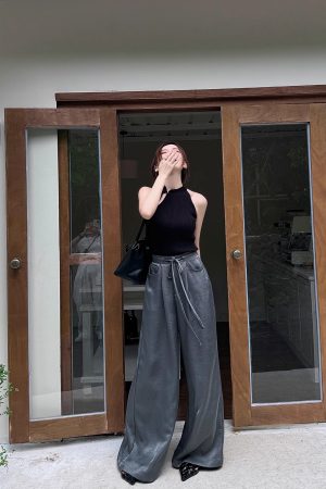 High-End Textured Satin Wide-Leg Pants for Tall Individuals - Lightweight Spring/Summer Imitation Acetate Trousers