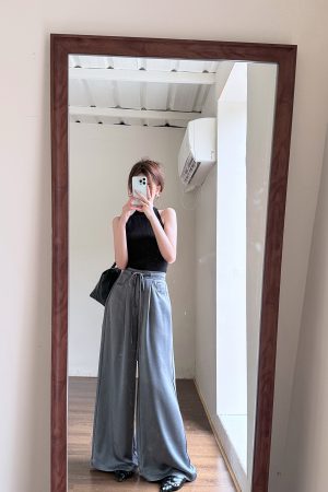 High-End Textured Satin Wide-Leg Pants for Tall Individuals - Lightweight Spring/Summer Imitation Acetate Trousers