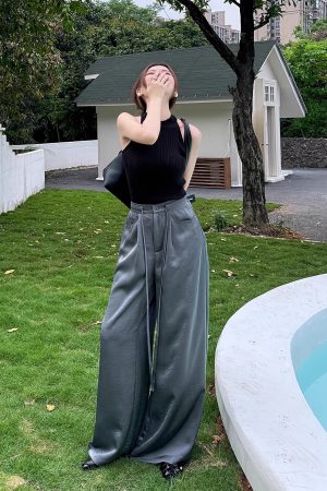 High-End Textured Satin Wide-Leg Pants for Tall Individuals - Lightweight Spring/Summer Imitation Acetate Trousers
