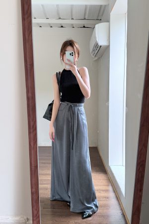 High-End Textured Satin Wide-Leg Pants for Tall Individuals - Lightweight Spring/Summer Imitation Acetate Trousers