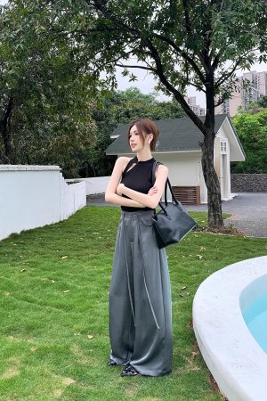 High-End Textured Satin Wide-Leg Pants for Tall Individuals - Lightweight Spring/Summer Imitation Acetate Trousers