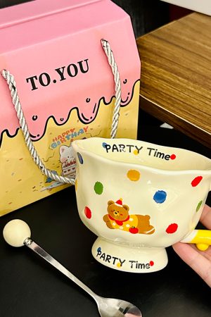 High-Footed Cute Heart Ceramic Water Cup - Wide-Mouth Breakfast Mug for Girls
