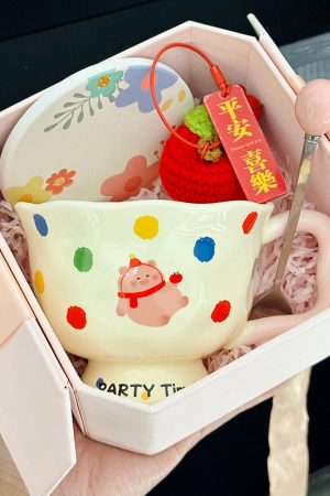 High-Footed Cute Heart Ceramic Water Cup - Wide-Mouth Breakfast Mug for Girls