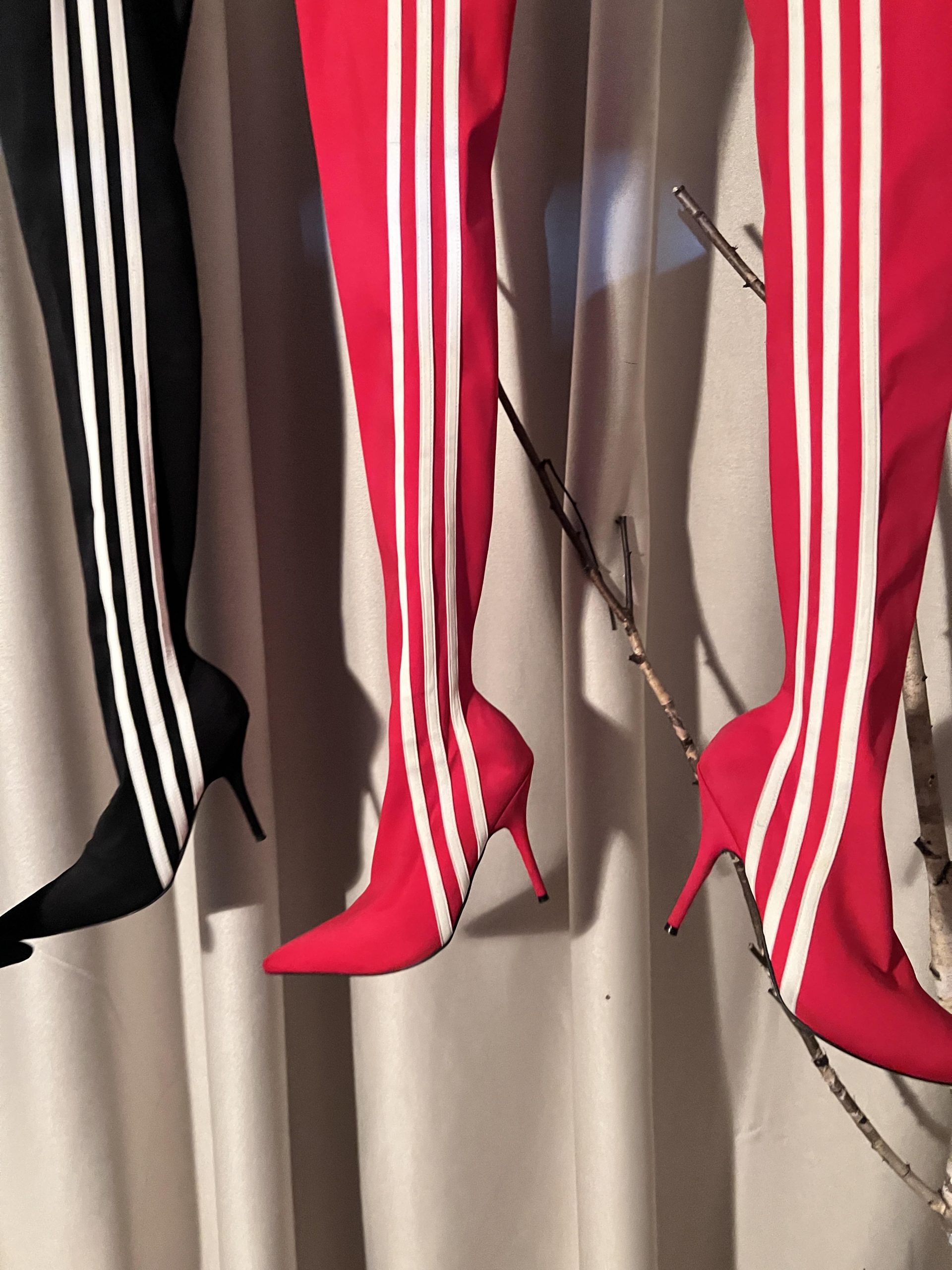 High Heeled Long Boots for Women - Slim Three Stripes Design with Rhinestones, Elastic Fit, Autumn/Winter Fashion, Hot Girl Style High Heeled Long Boots for Women - Slim Three Stripes Design with Rhinestones, Elastic Fit, Autumn/Winter Fashion, Hot Girl Style