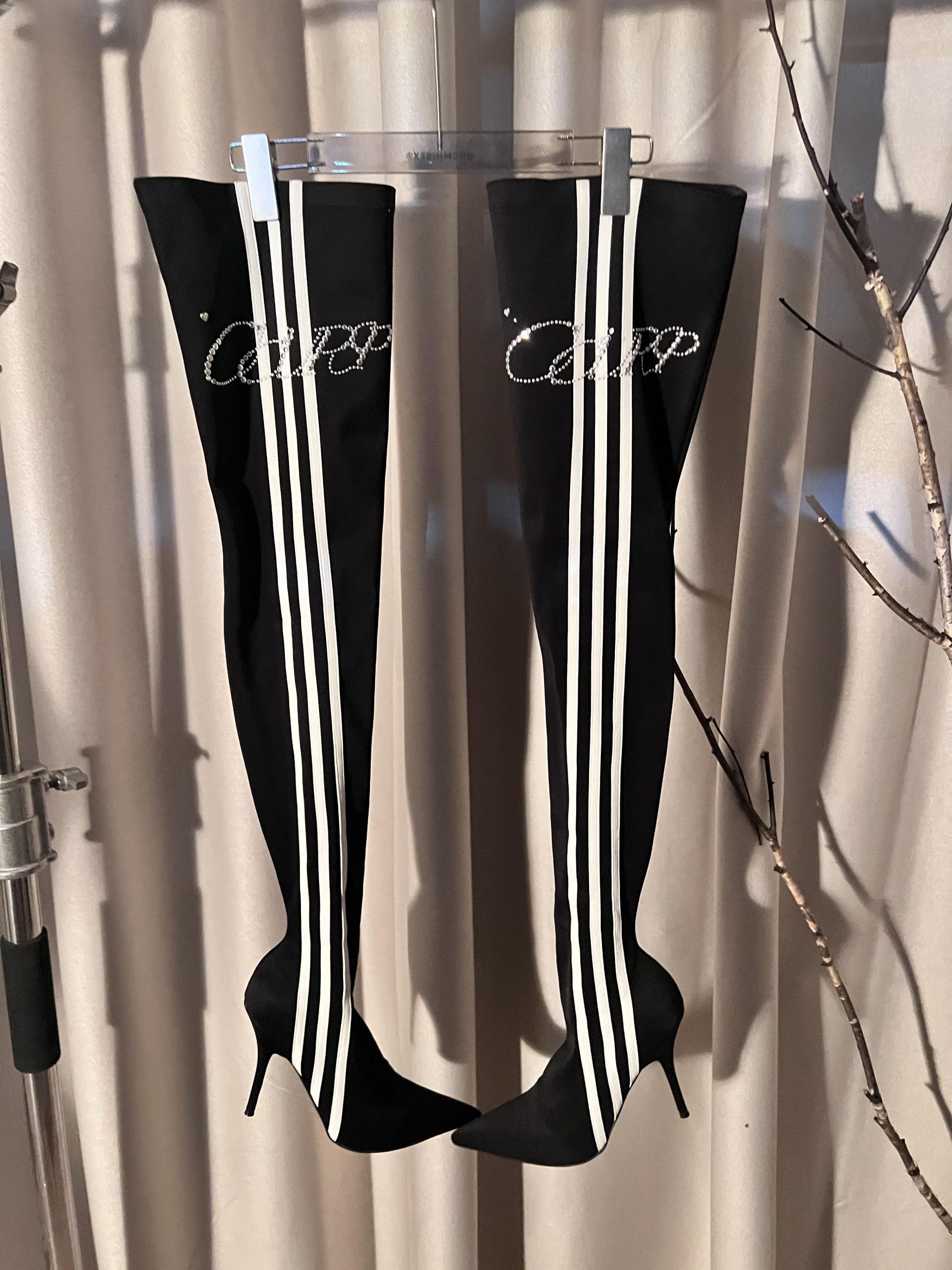 High Heeled Long Boots for Women - Slim Three Stripes Design with Rhinestones, Elastic Fit, Autumn/Winter Fashion, Hot Girl Style High Heeled Long Boots for Women - Slim Three Stripes Design with Rhinestones, Elastic Fit, Autumn/Winter Fashion, Hot Girl Style