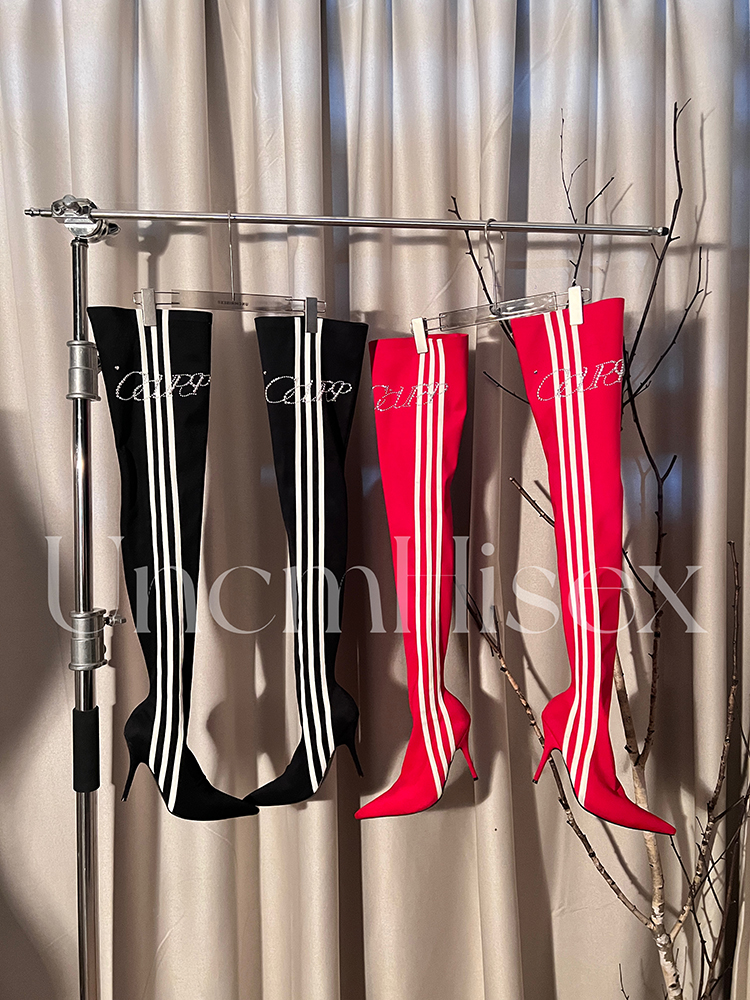 High Heeled Long Boots for Women - Slim Three Stripes Design with Rhinestones, Elastic Fit, Autumn/Winter Fashion, Hot Girl Style High Heeled Long Boots for Women - Slim Three Stripes Design with Rhinestones, Elastic Fit, Autumn/Winter Fashion, Hot Girl Style