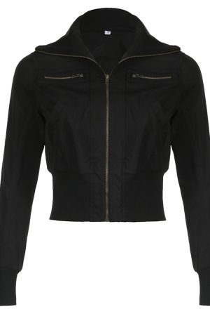 High-Neck Metallic Zipper Short Jacket for Women - Unisex Trendy Cyber Warrior Style with Elastic Waist, Cool 90s-Inspired Fashion