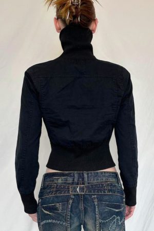 High-Neck Metallic Zipper Short Jacket for Women - Unisex Trendy Cyber Warrior Style with Elastic Waist, Cool 90s-Inspired Fashion