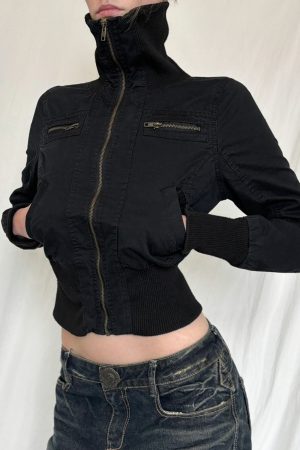 High-Neck Metallic Zipper Short Jacket for Women - Unisex Trendy Cyber Warrior Style with Elastic Waist, Cool 90s-Inspired Fashion