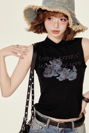 High-Neck Printed Black T-Shirt Top for Women - Spicy Girl Summer Vest, Slim Fit American Style, Trendy and Chic