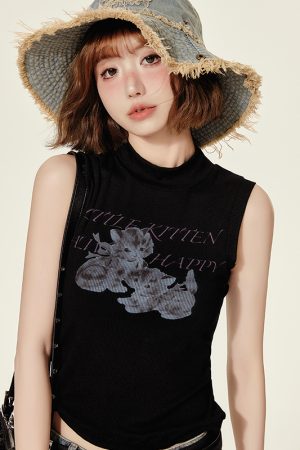 High-Neck Printed Black T-Shirt Top for Women - Spicy Girl Summer Vest, Slim Fit American Style, Trendy and Chic