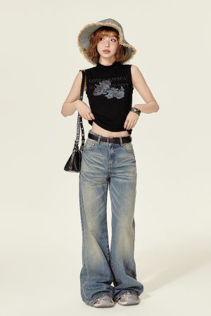 High-Neck Printed Black T-Shirt Top for Women - Spicy Girl Summer Vest, Slim Fit American Style, Trendy and Chic