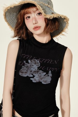 High-Neck Printed Black T-Shirt Top for Women - Spicy Girl Summer Vest, Slim Fit American Style, Trendy and Chic